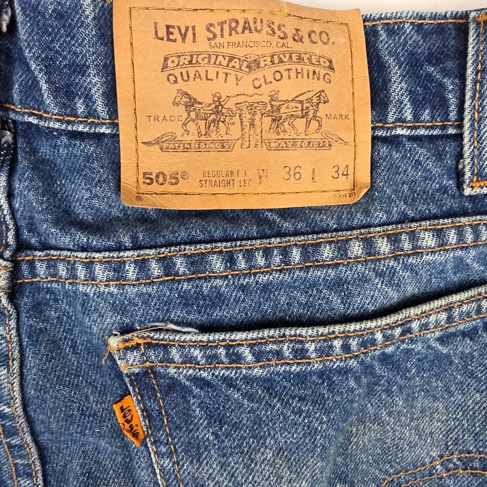 Vintage Levis 505 Orange Tab Jeans Mens 36x34 Blue Straight Leg Denim - Picture 9 of 10